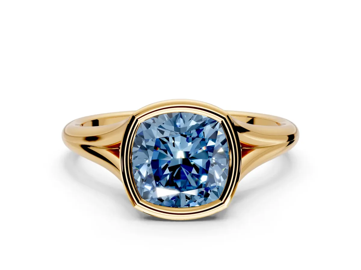 Solitaire Engagement Ring Setting for Fancy Blue Cushion Cut Center with V Split Shank and Bezel Head in Yellow Gold