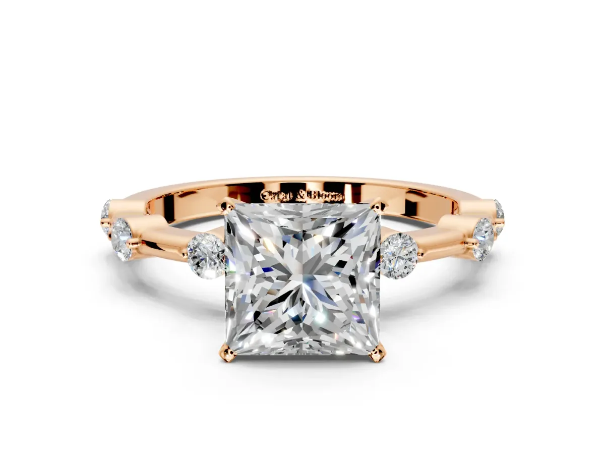 Solitaire Engagement Ring Setting for Princess Cut Center with Bezel Station Band and Prong Head in Rose Gold