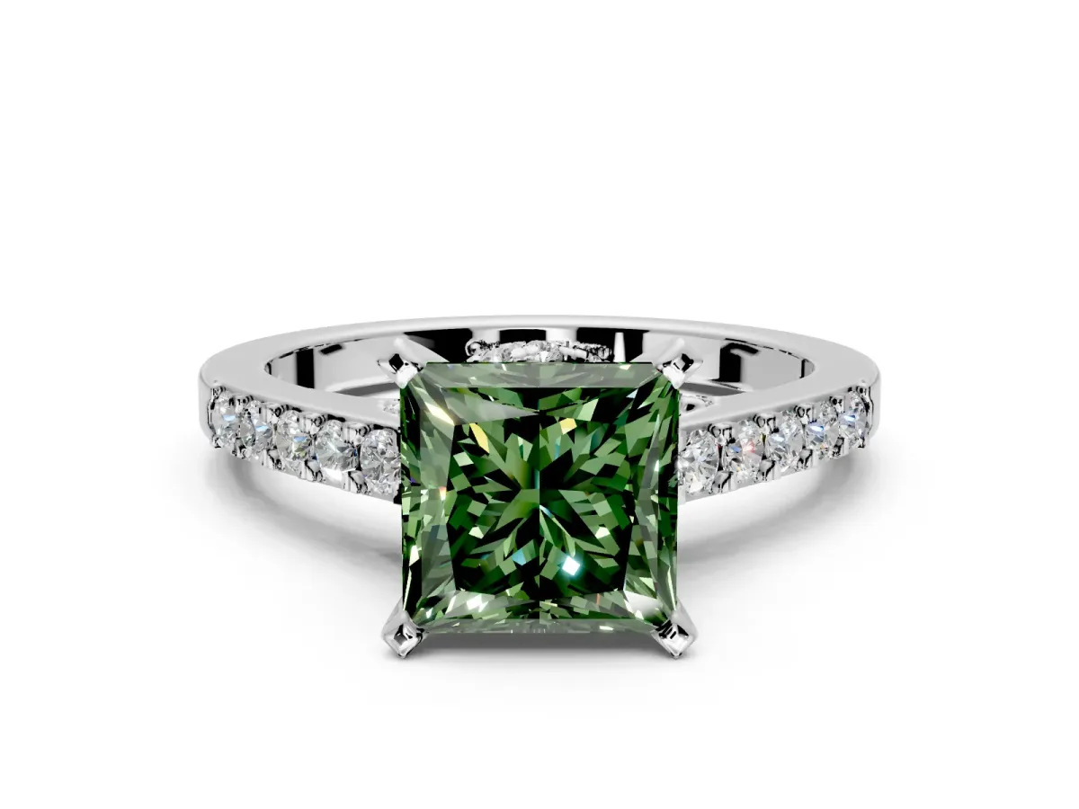 Solitaire Engagement Ring Setting for Fancy Green Princess Cut Center with Crossover Accents and Prong Head in White Gold
