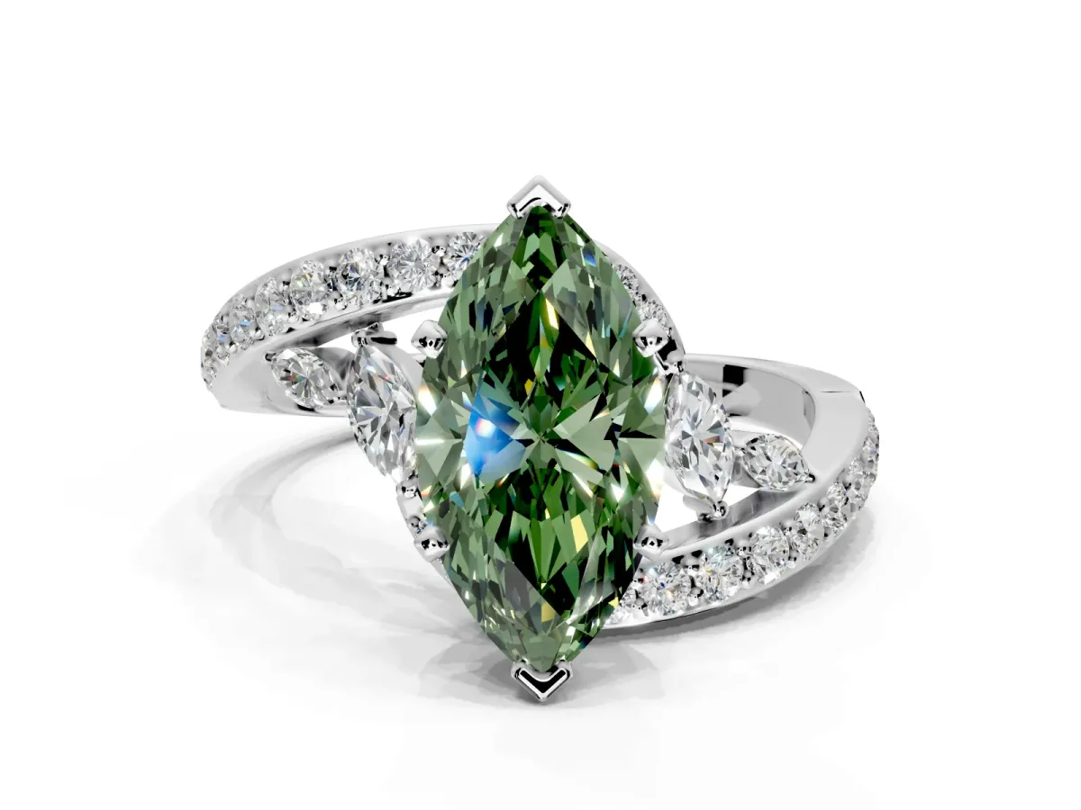 Solitaire Engagement Ring Setting for Fancy Green Marquise Center with Pave Bypass Twist Band and Prong Head in White Gold