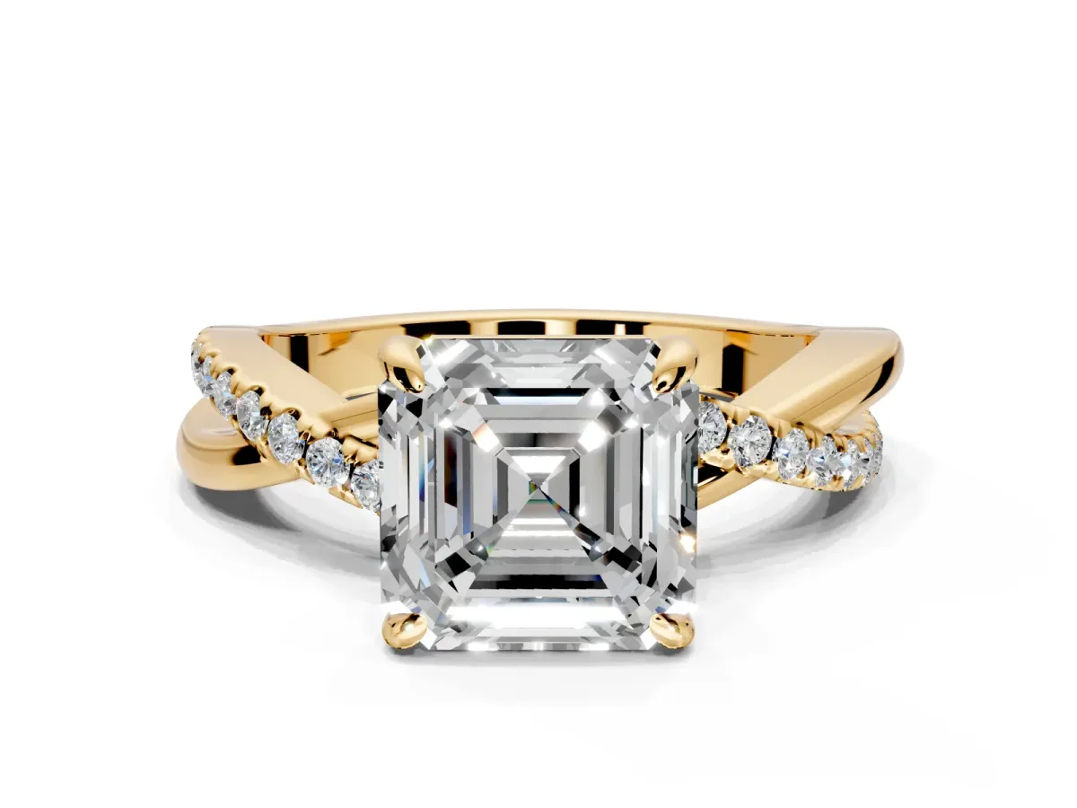 Solitaire Engagement Ring Setting for Asscher Cut Center with Half-Pave Crossover Band and Prong Head in Yellow Gold