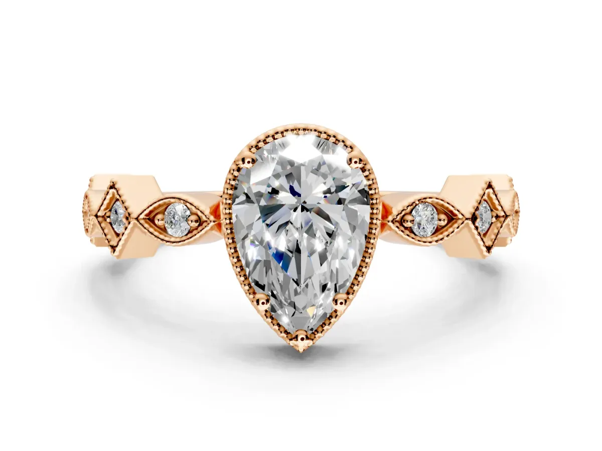 Milgrain Bezel Engagement Ring Setting for Pear-Shaped Center with Marquise Stations and Bezel Head in Rose Gold