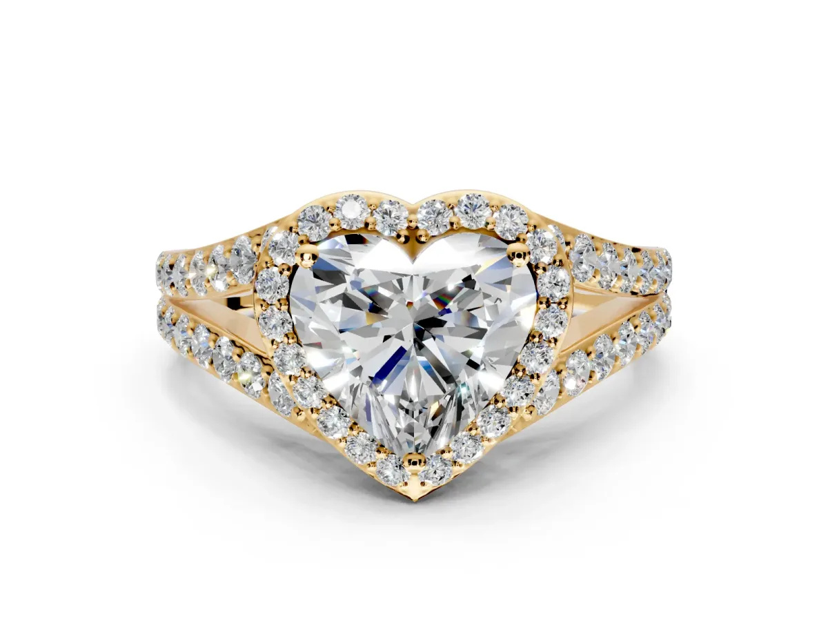 Halo Engagement Ring Setting for Heart-Shaped Center with Narrow Pave Split Shank and Prong Head in Yellow Gold