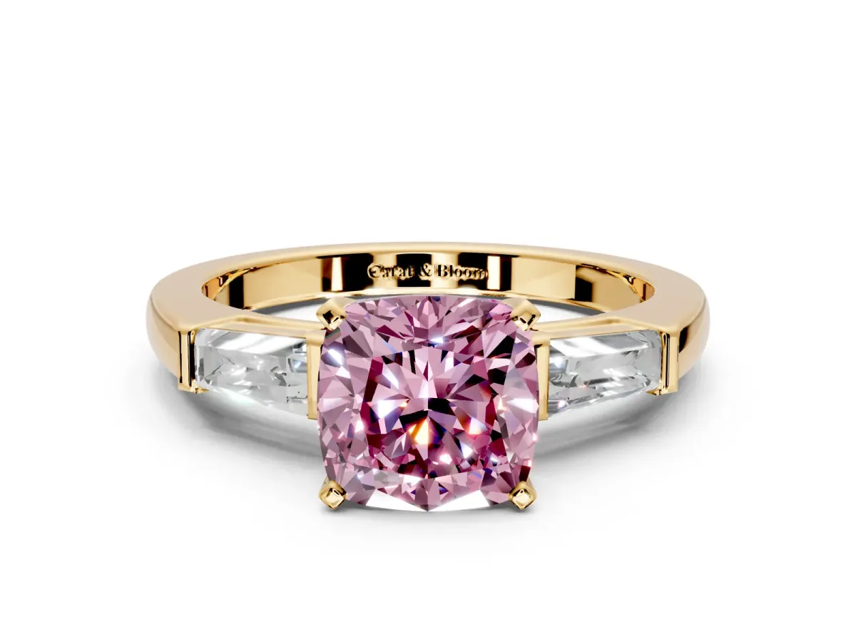 3 Stone Engagement Ring Setting for Fancy Pink Cushion Cut Center with Tapered Baguettes, Plain Band and Prong Head in Yellow Gold