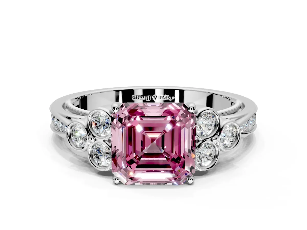 Cluster Engagement Ring Setting for Fancy Pink Asscher Cut Center with Bezel Accent Clusters and Prong Head in White Gold