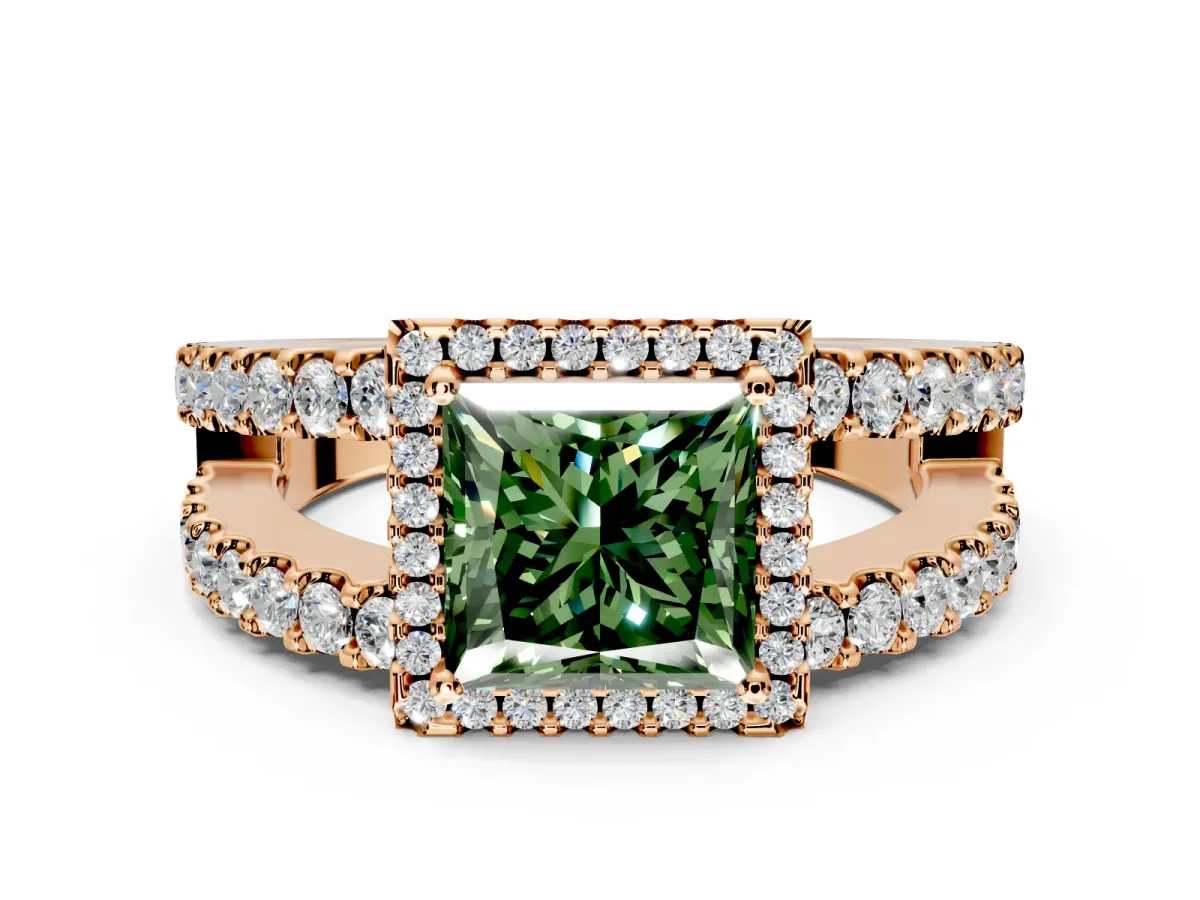 Halo Engagement Ring Setting for Fancy Green Princess Cut Center with Wide-Open Pave Split Shank and Prong Head in Rose Gold