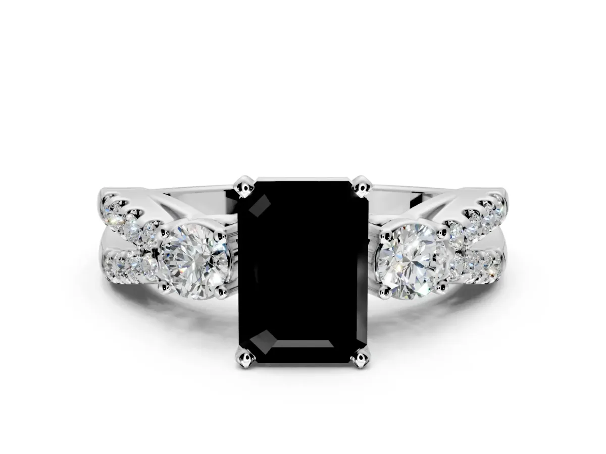 3 Stone Engagement Ring Setting for Fancy Black Emerald Cut Center with Pave Split Shank and Prong Head in Sterling Silver