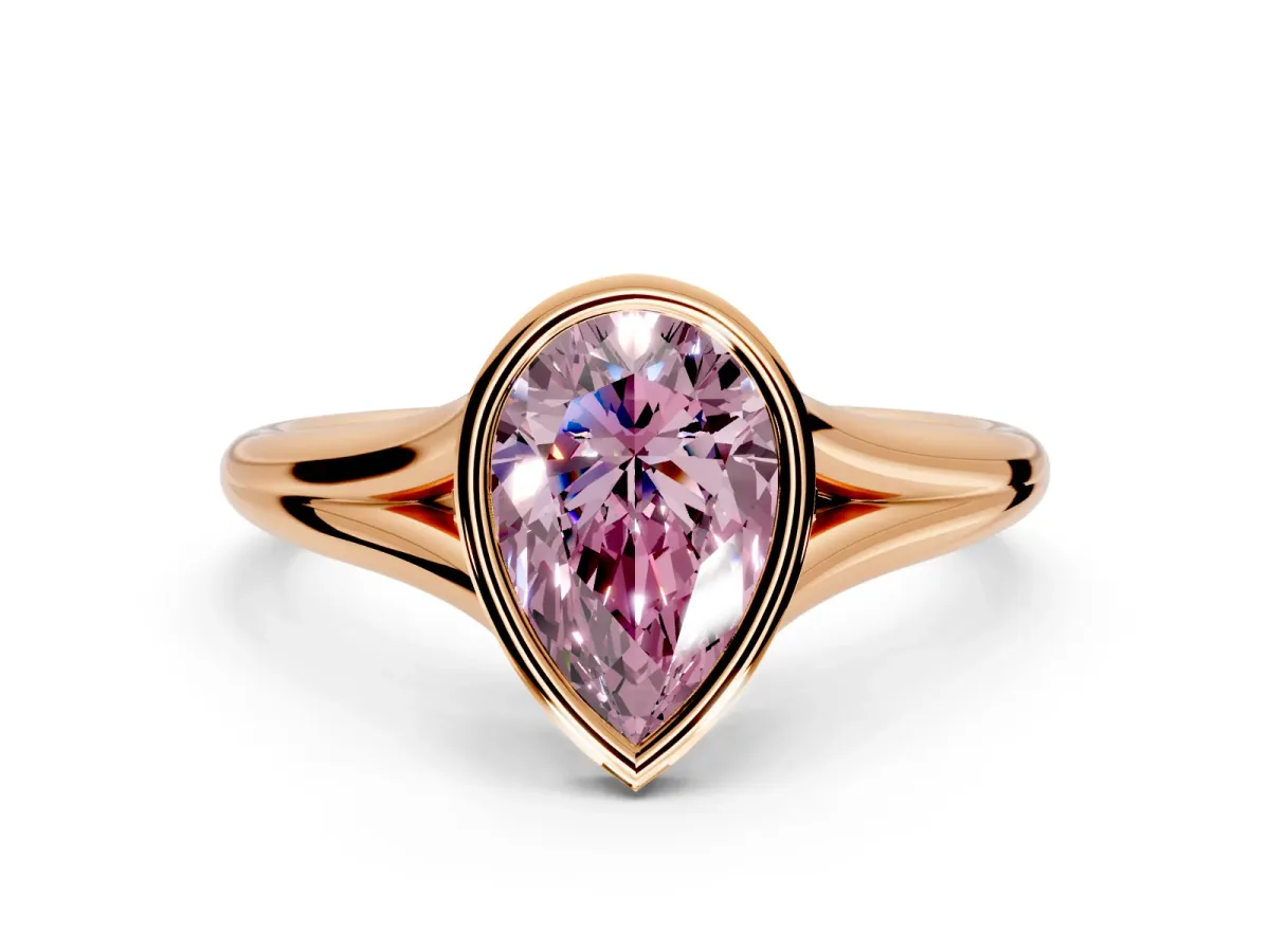 Solitaire Engagement Ring Setting for Fancy Pink Pear-Shaped Center with V Split Shank and Bezel Head in Rose Gold