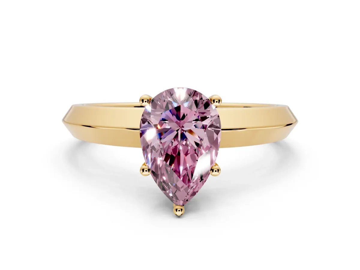 Solitaire Engagement Ring Setting for Fancy Pink Pear-Shaped Center with Wide Knife Ridge Band and Prong Head in Yellow Gold