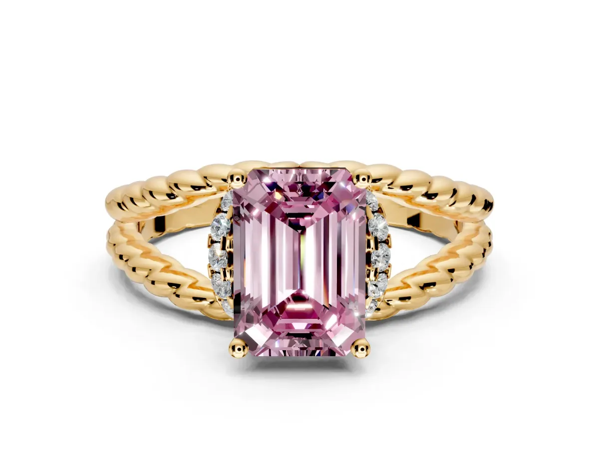 Halo Engagement Ring Setting for Fancy Pink Emerald Cut Center with Rope Twist Split Shank and Prong Head in Yellow Gold