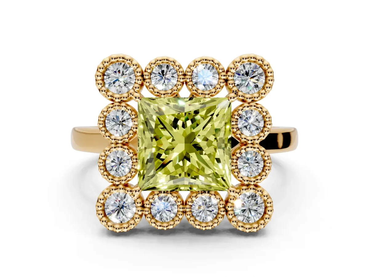 Cluster Halo Engagement Ring Setting for Fancy Yellow Princess Cut Center with Milgrain Bezel Accents and Prong Head in Yellow Gold