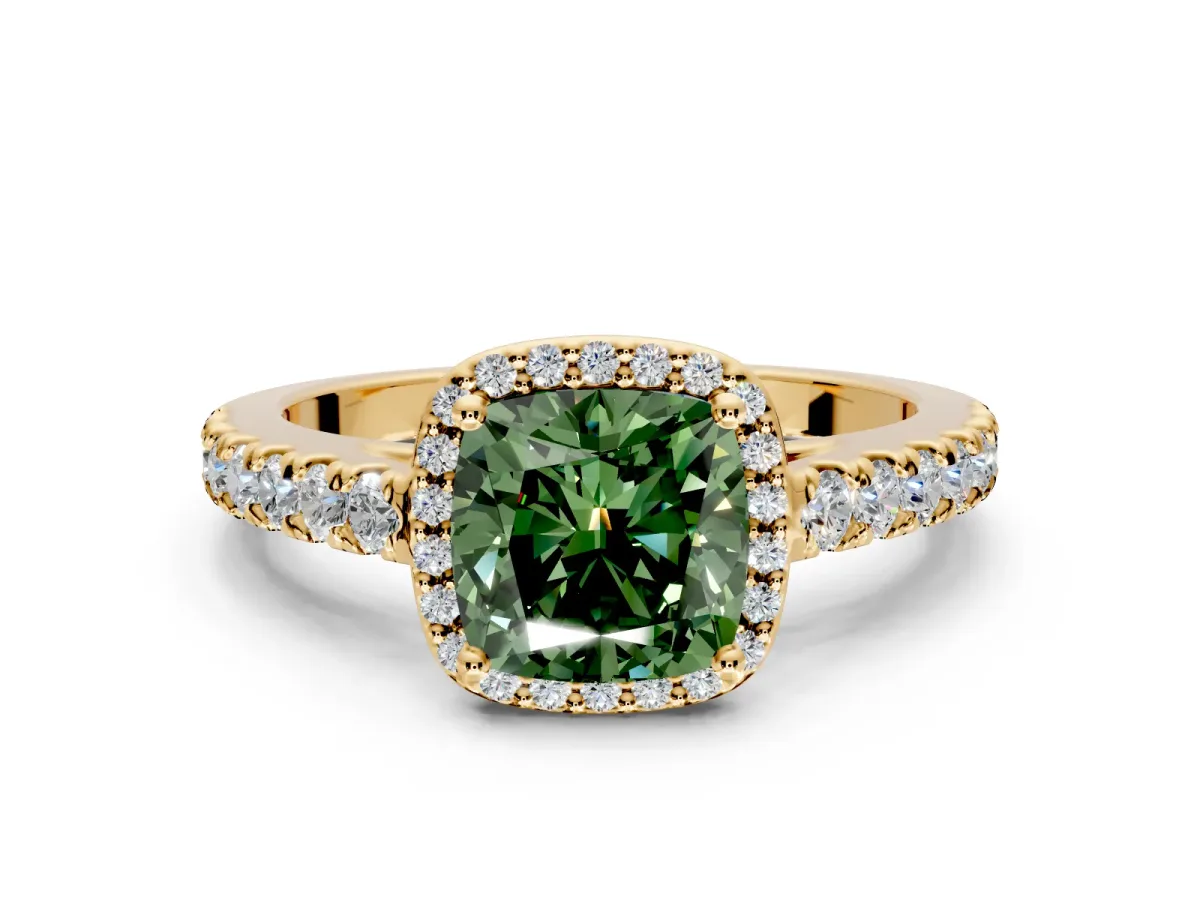 Halo Engagement Ring Setting for Fancy Green Cushion Cut Center with Full Pave Band and Prong Head in Yellow Gold