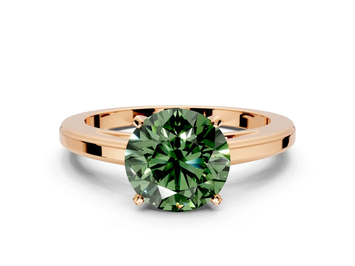 Solitaire Engagement Ring Setting for Fancy Green Round Cut Center with Flat-Sided Plain Band and Prong Head in Rose Gold
