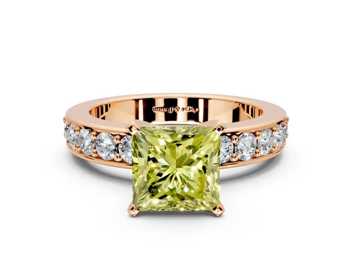 Solitaire Engagement Ring Setting for Fancy Yellow Princess Cut Center with Channel-Set Accents and Prong Head in Rose Gold