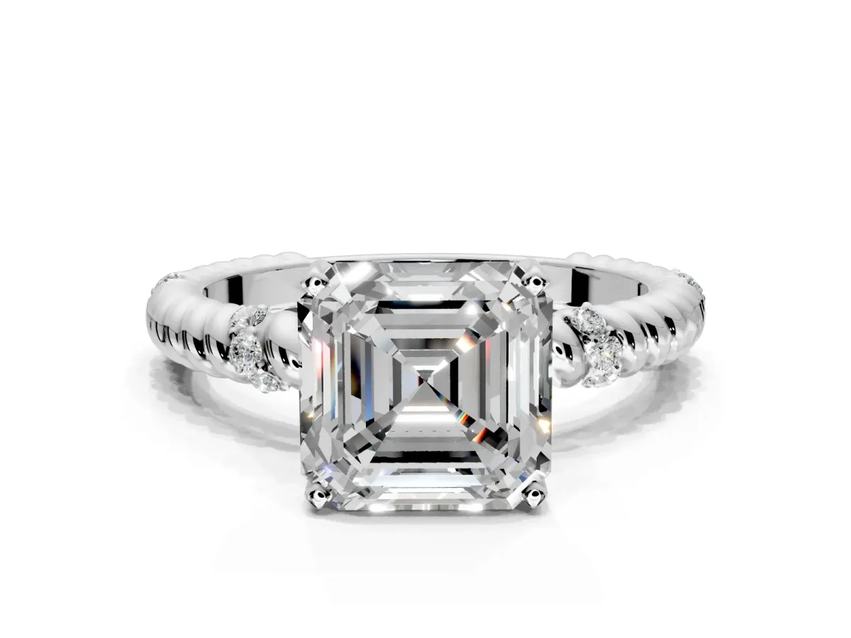 Rope Engagement Ring Setting for Asscher Cut Center with Accent Shoulders and Prong Head in White Gold