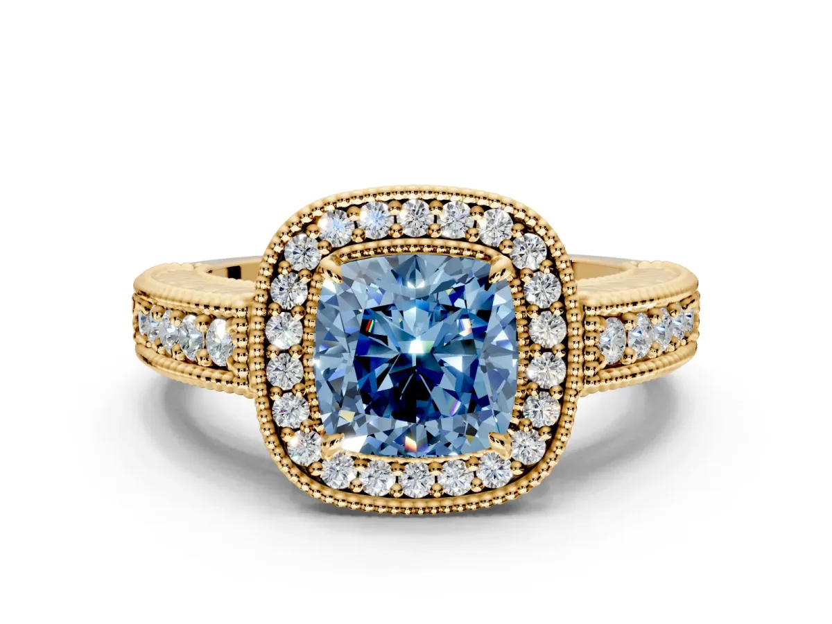 Milgrain Halo Engagement Ring Setting for Fancy Blue Cushion Cut Center with Pave Band and Prong Head in Yellow Gold