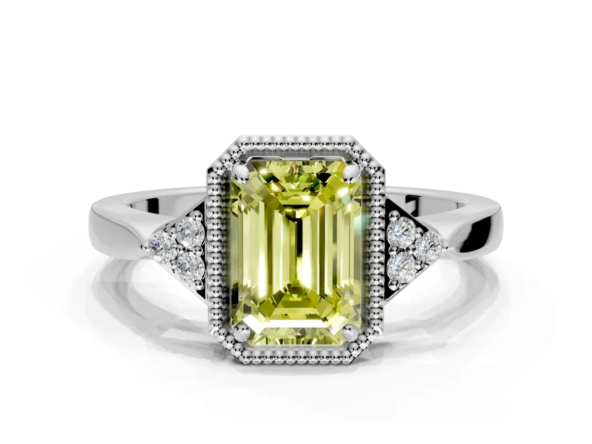 Cluster Engagement Ring Setting for Fancy Yellow Emerald Cut Center with Milgrain Shoulder Clusters and Prong Head in Platinum