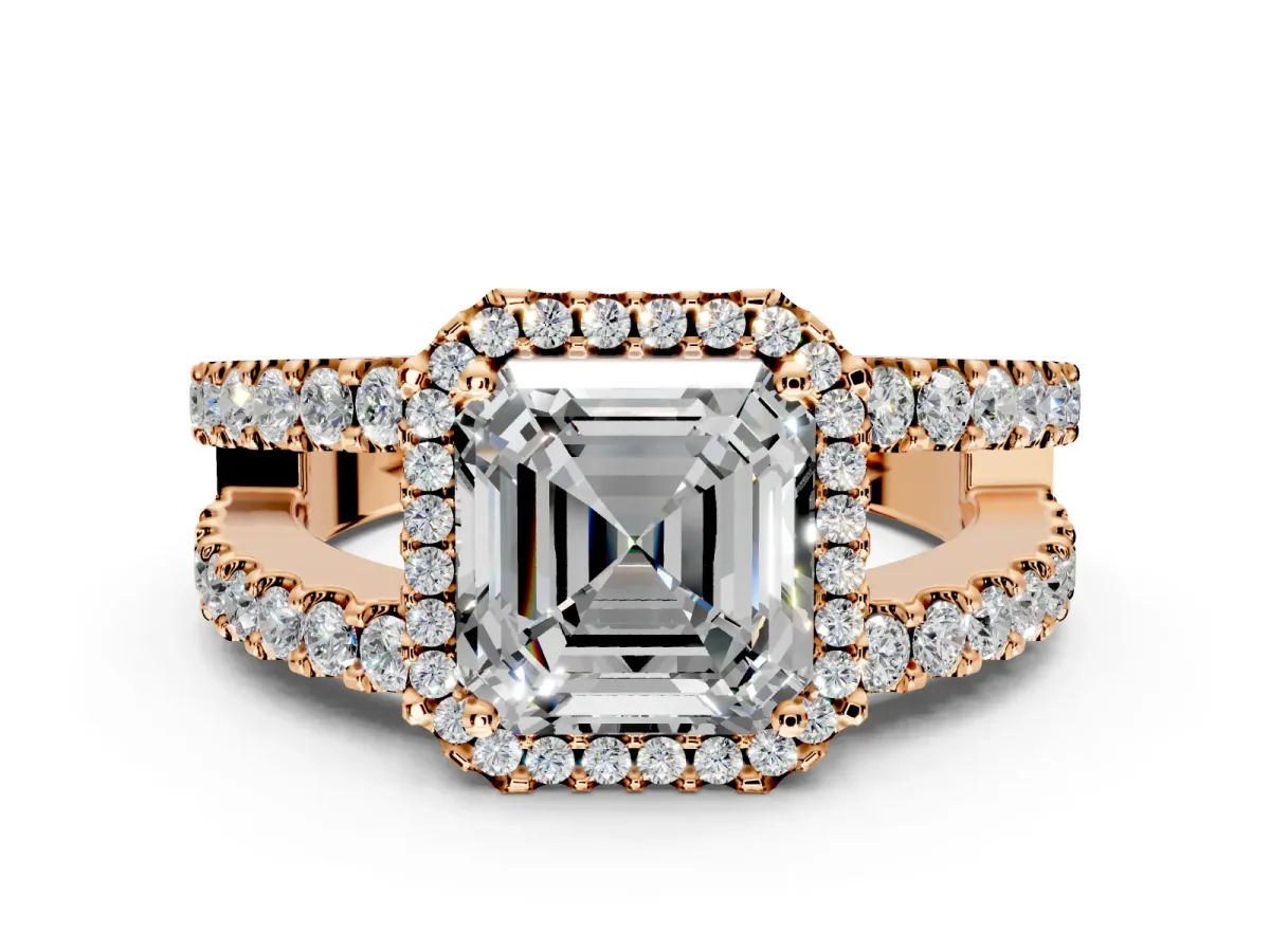 Halo Engagement Ring Setting for Asscher Cut Center with Wide-Open Pave Split Shank and Prong Head in Rose Gold