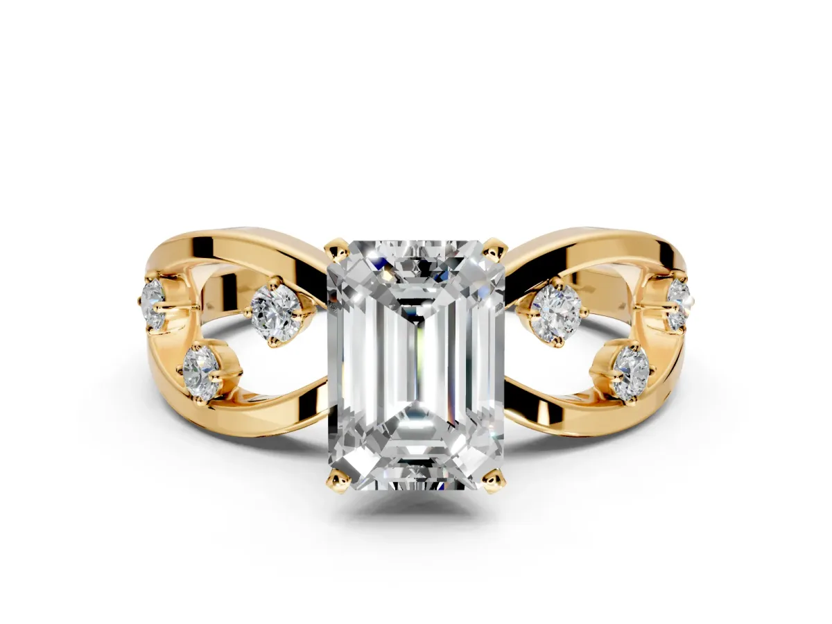 Solitaire Engagement Ring Setting for Emerald Cut Center with Criss-Cross Accent Band and Prong Head in Yellow Gold