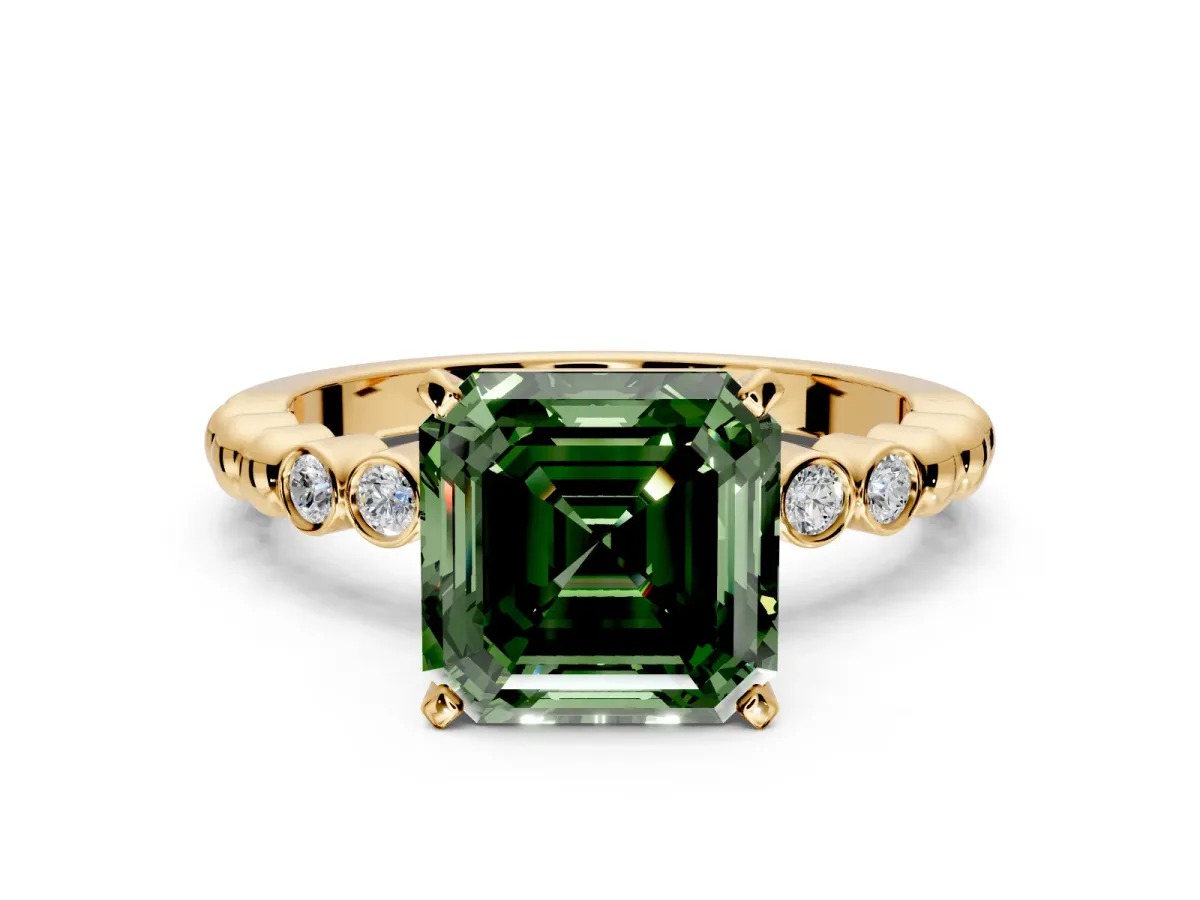 Solitaire Engagement Ring Setting for Fancy Green Asscher Cut Center with Bezel-Dot Beaded Band and Prong Head in Yellow Gold