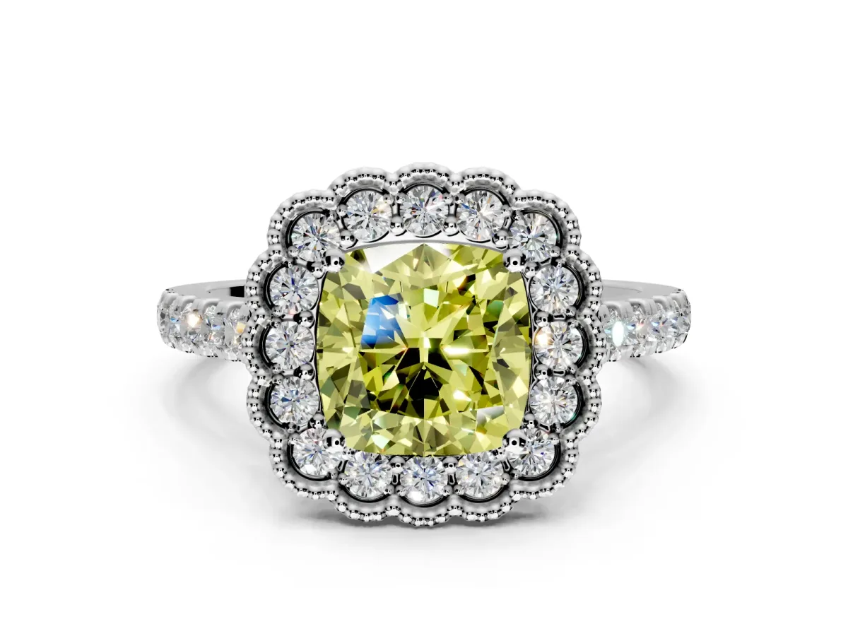 Milgrain Floral Halo Engagement Ring Setting for Fancy Yellow Cushion Cut Center with Pave Band and Prong Head in Sterling Silver