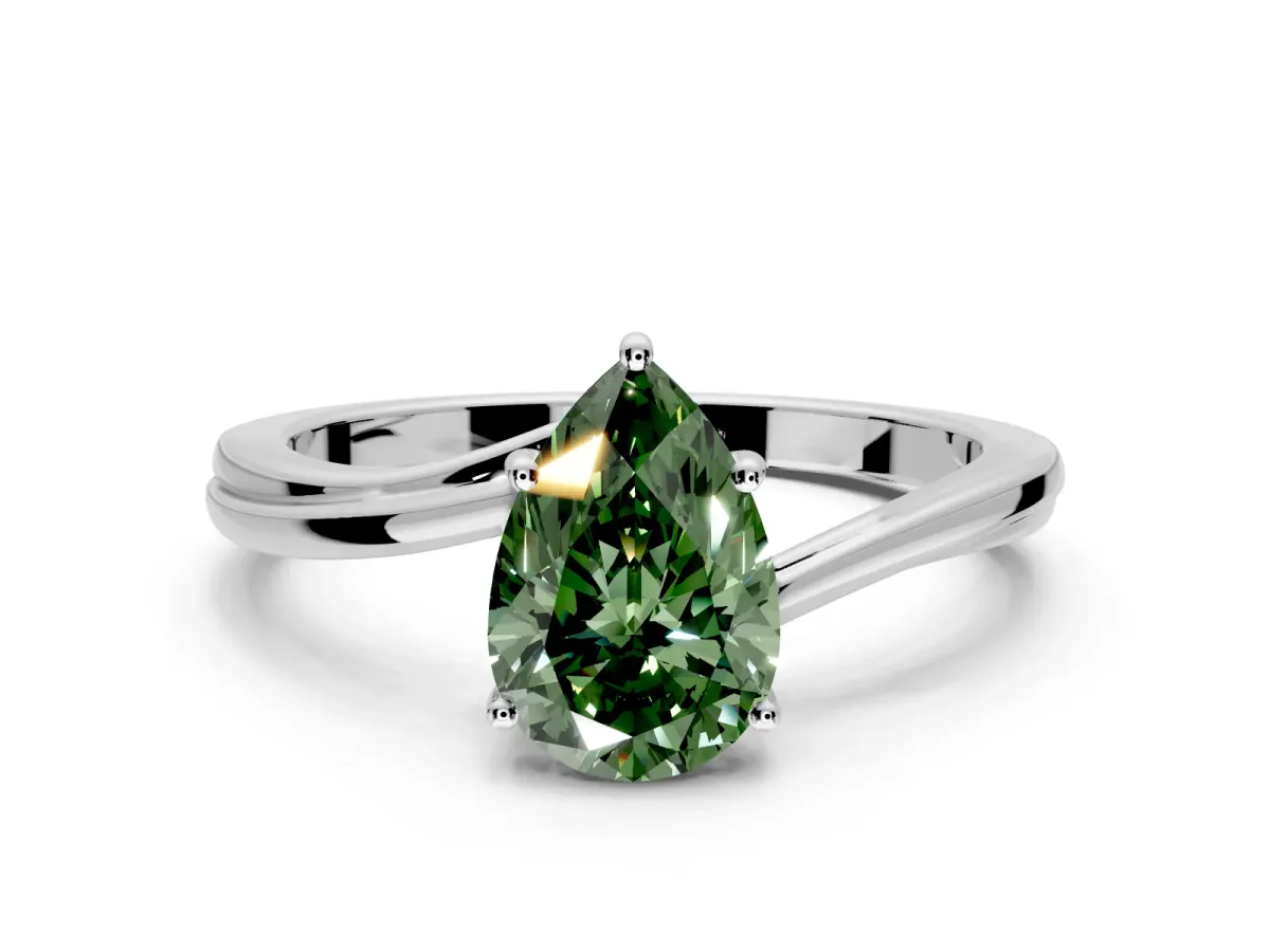 Solitaire Engagement Ring Setting for Fancy Green Pear-Shaped Center with Plain Bypass Twist Band and Prong Head in Platinum