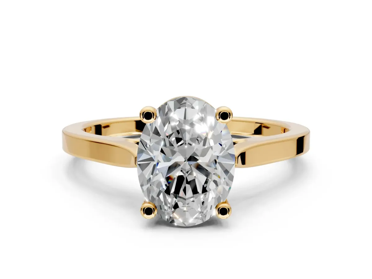 Solitaire Engagement Ring Setting for Oval Center with Tapered Shoulders and Prong Head in Yellow Gold