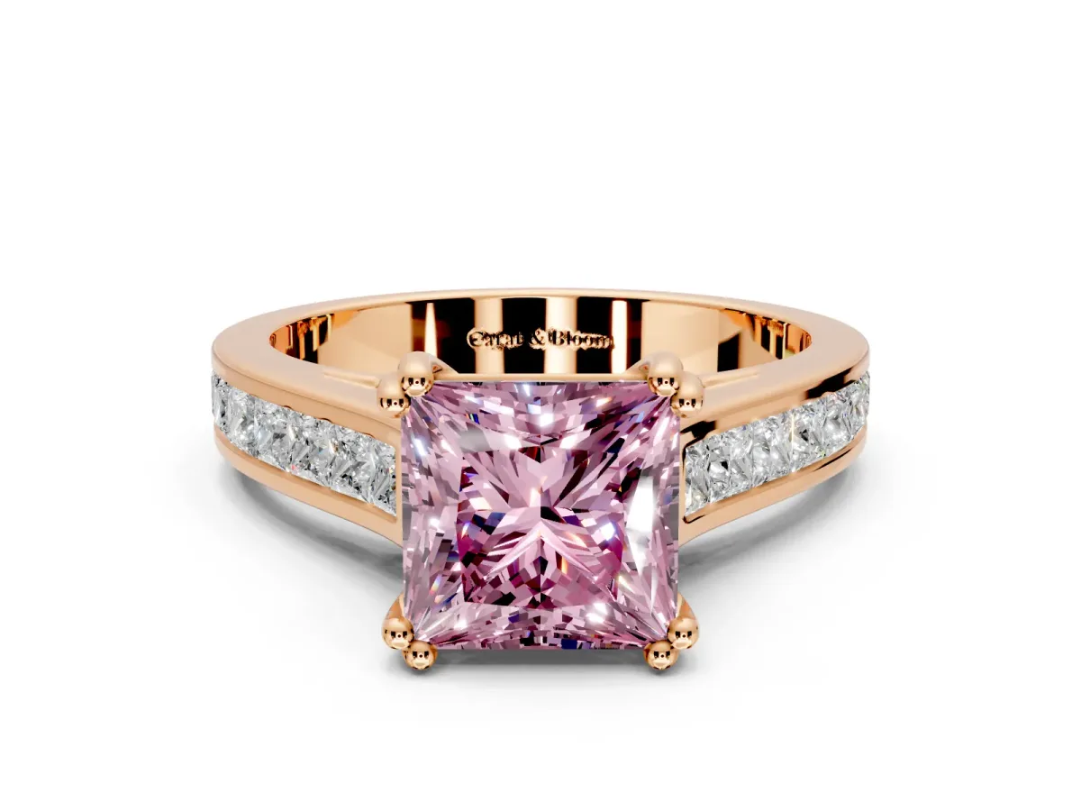 Solitaire Engagement Ring Setting for Fancy Pink Princess Cut Center with Channel Band and Double Claw Prong Head in Rose Gold