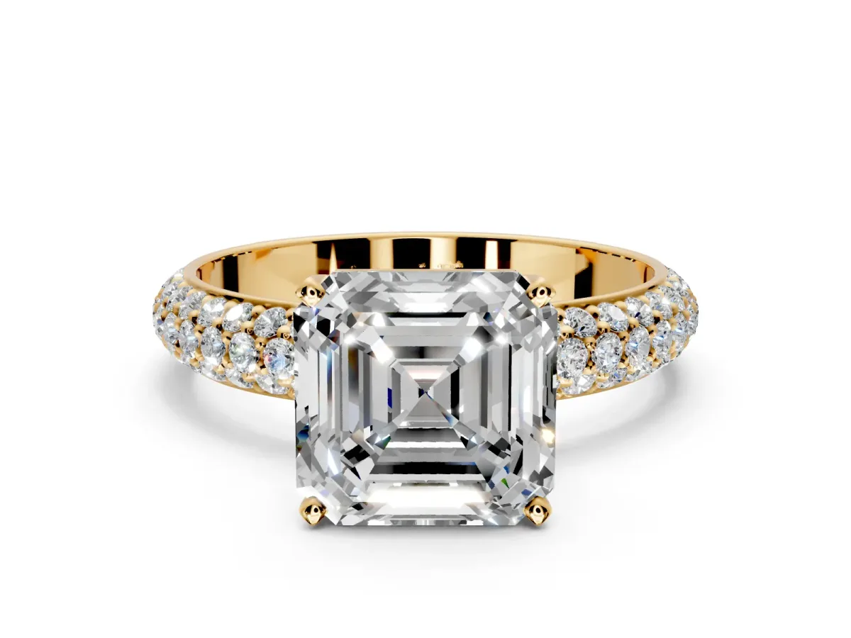 Solitaire Engagement Ring Setting for Asscher Cut Center with Domed Multi-Row Pave Band and Prong Head in Yellow Gold