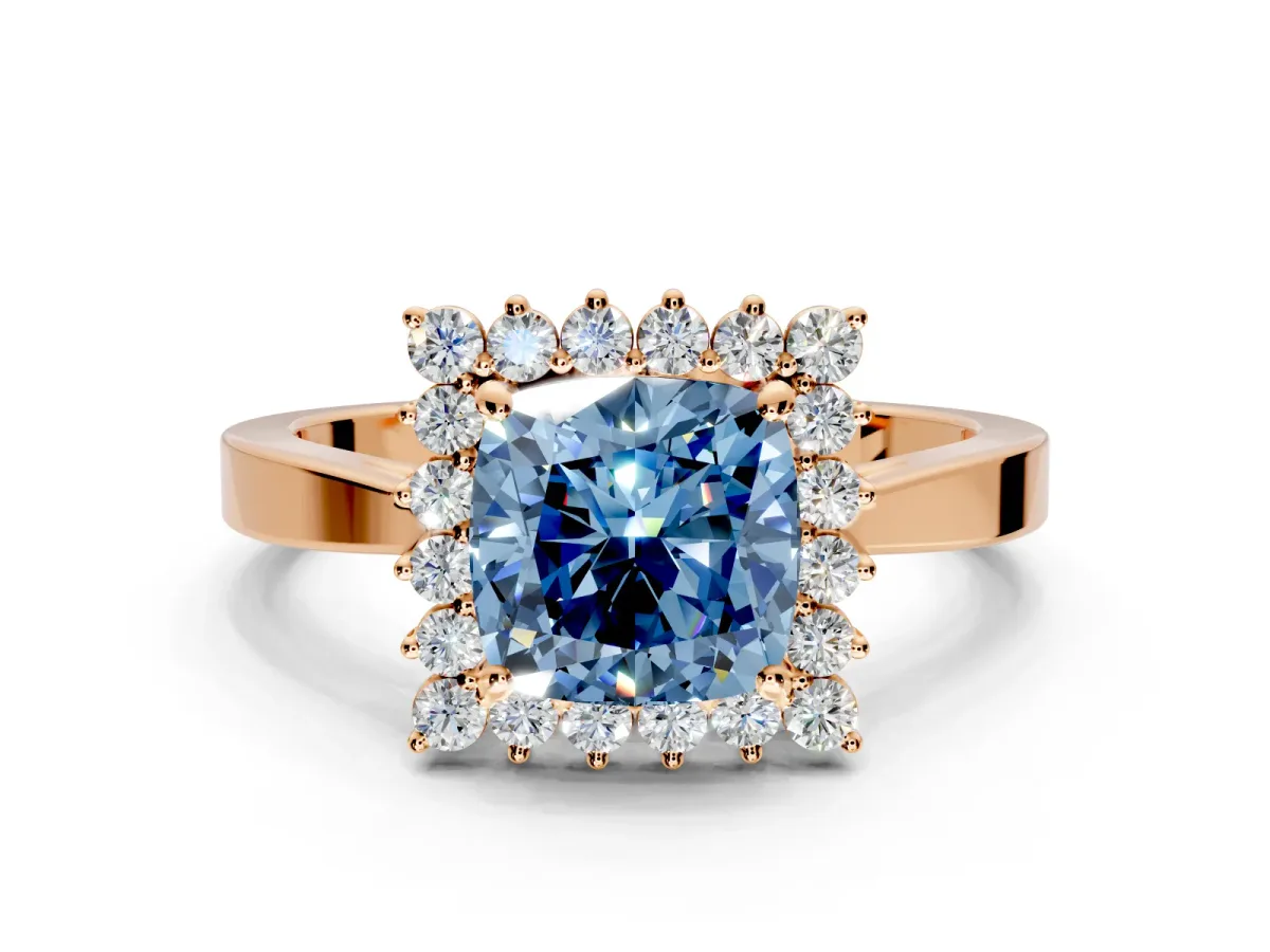 Starburst Halo Engagement Ring Setting for Fancy Blue Cushion Cut Center with Flat Cathedral Band and Prong Head in Rose Gold