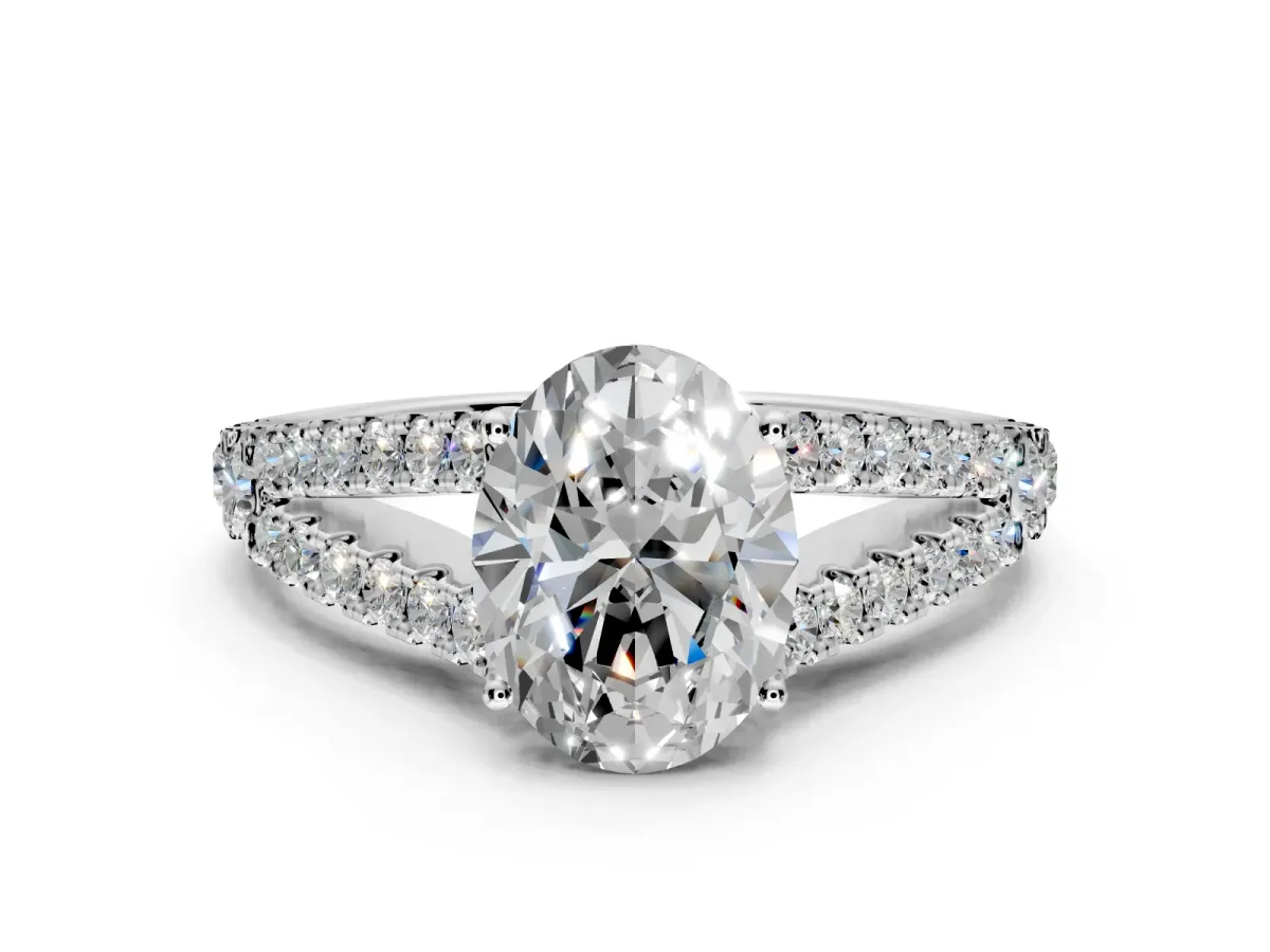 Solitaire Engagement Ring Setting for Oval Center with Pave Split Shank and Prong Head in Platinum