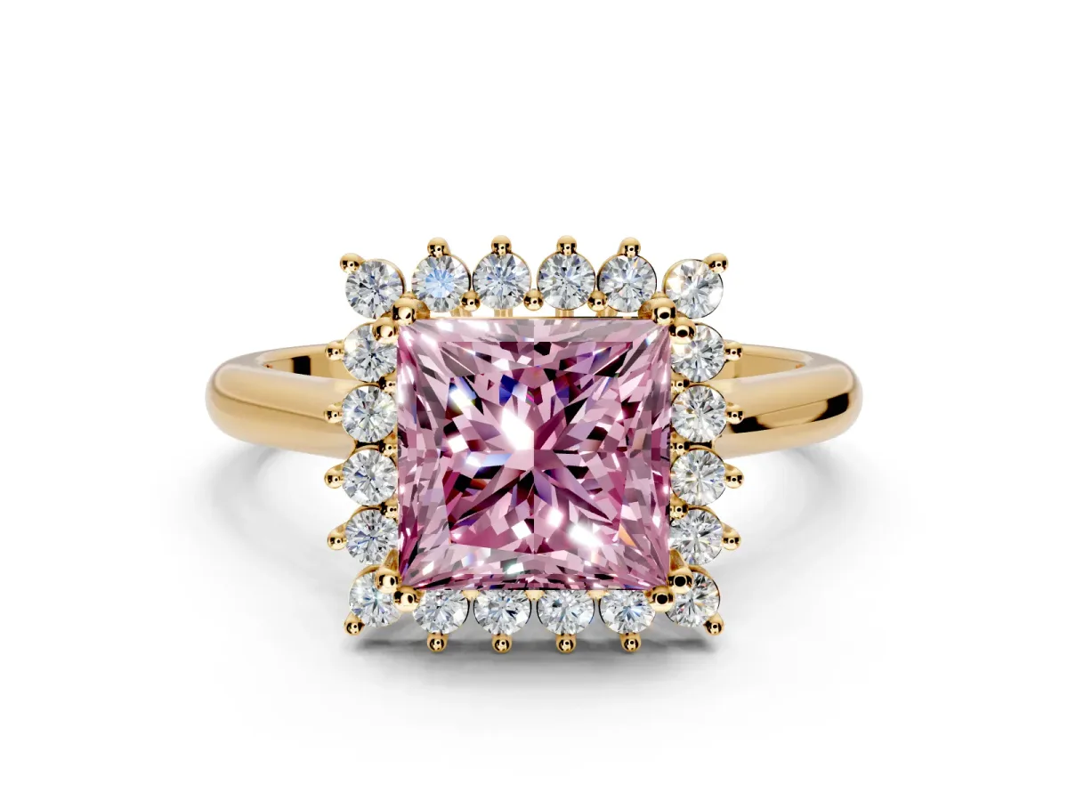 Starburst Halo Engagement Ring Setting for Fancy Pink Princess Cut Center with Thin Round-Wire Band and Prong Head in Yellow Gold