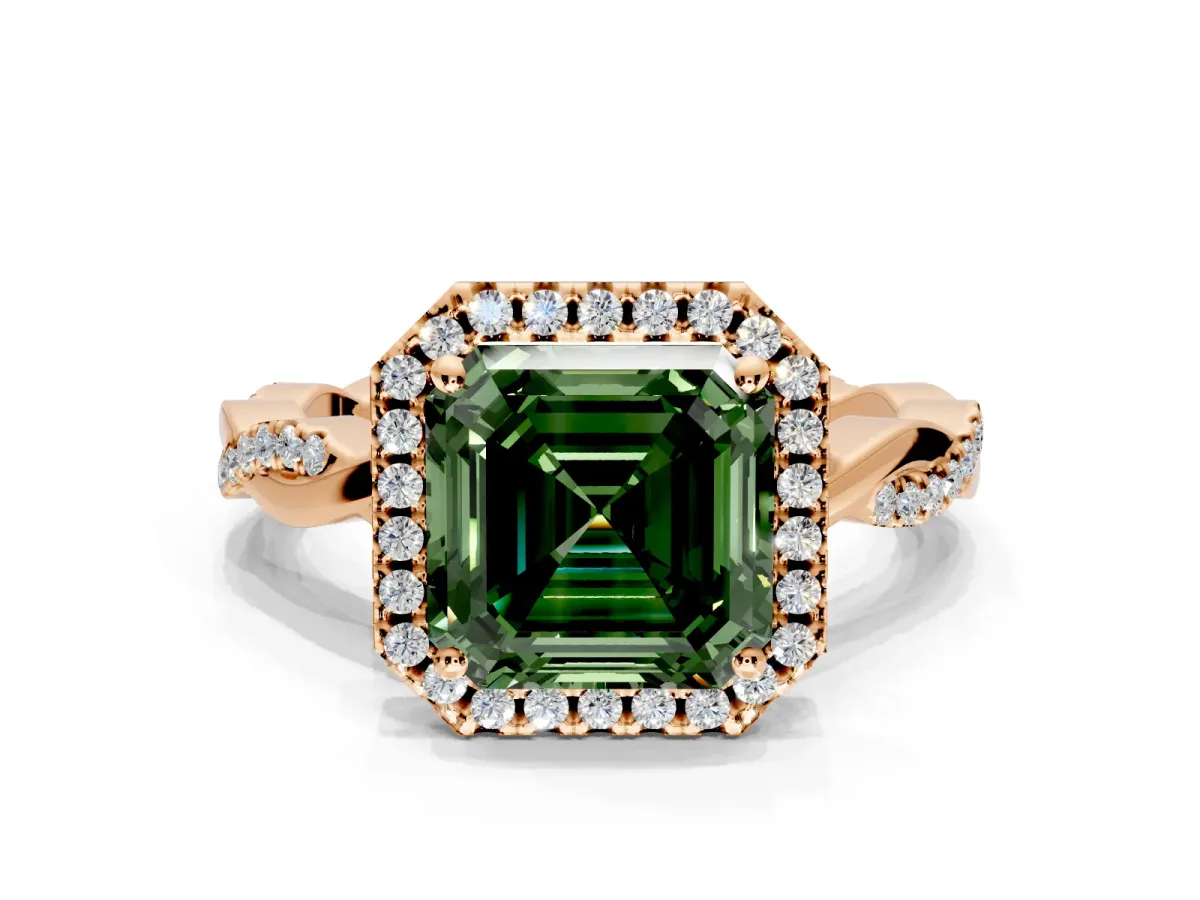 Halo Engagement Ring Setting for Fancy Green Asscher Cut Center with Pave and Plain Twist Band and Prong Head in Rose Gold