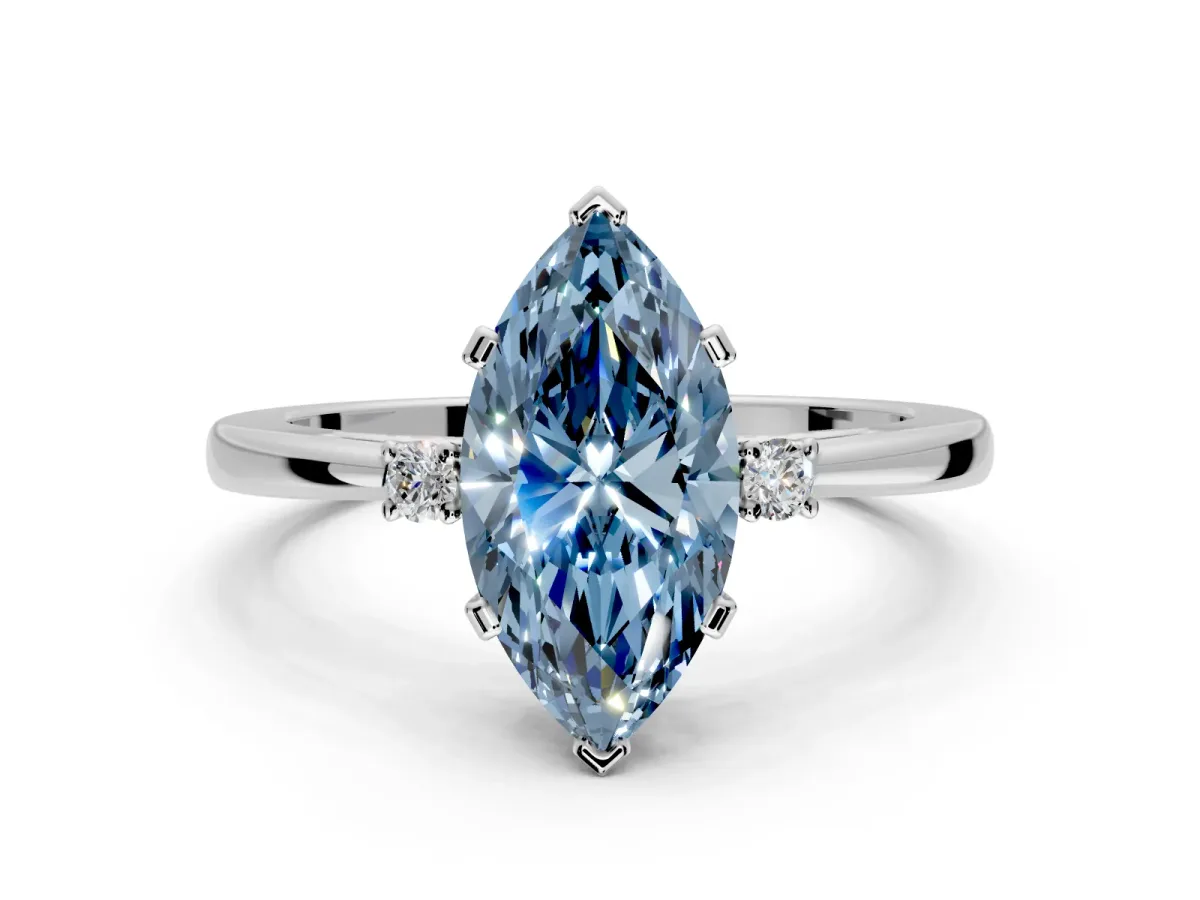 3 Stone Engagement Ring Setting for Fancy Blue Marquise Center with Low-Set Round Cut Accents and Prong Head in Platinum