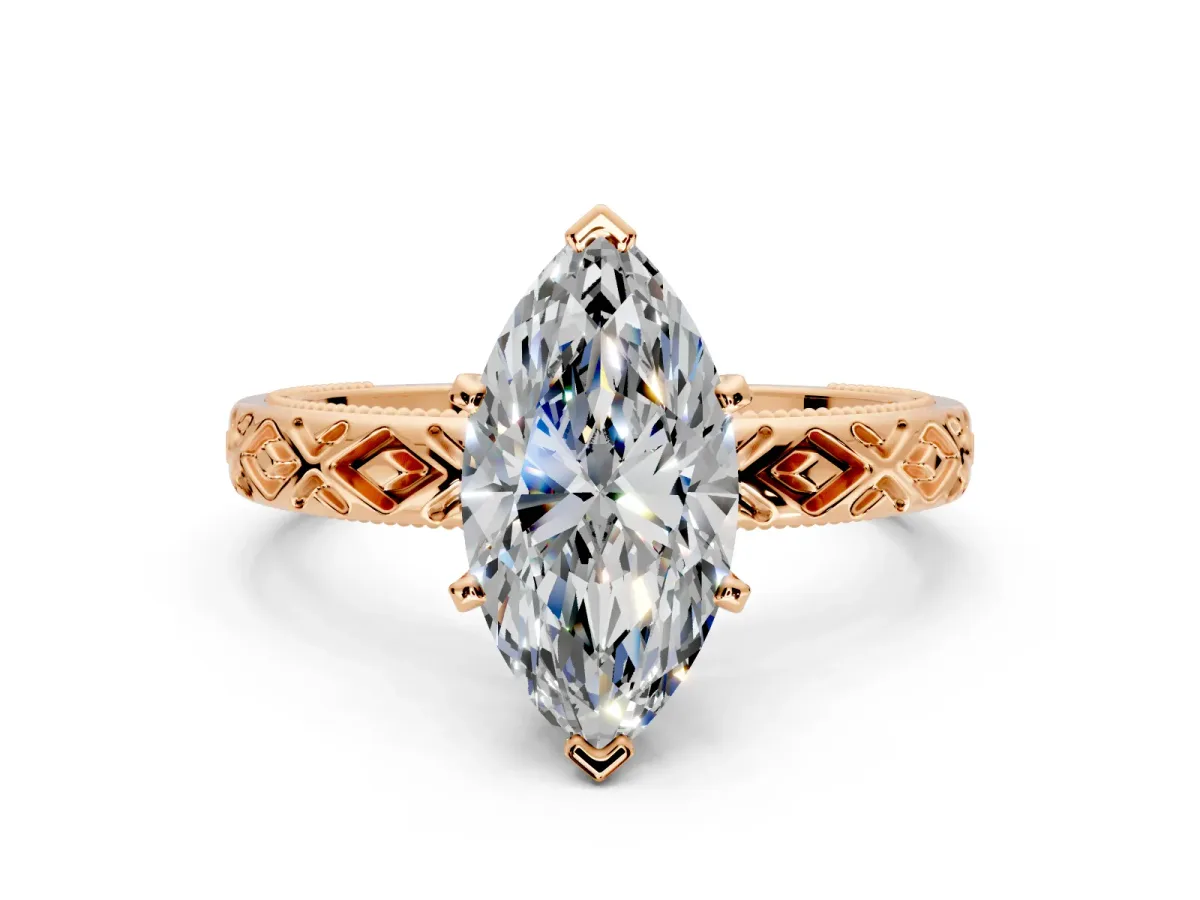 Solitaire Engagement Ring Setting for Marquise Center with Milgrain X Pattern Band and Prong Head in Rose Gold