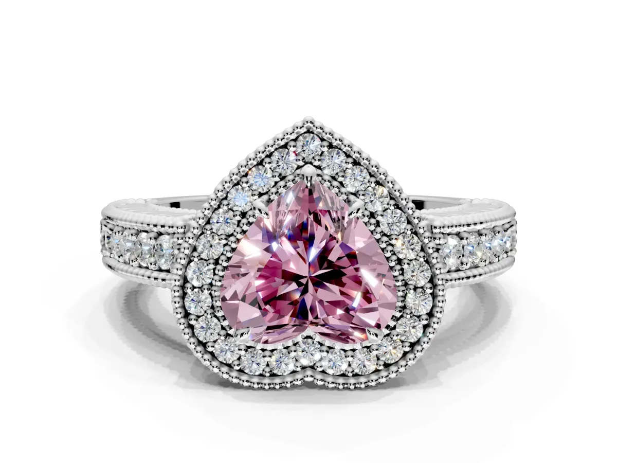 Milgrain Halo Engagement Ring Setting for Fancy Pink Heart-Shaped Center with Pave Band and Prong Head in Platinum