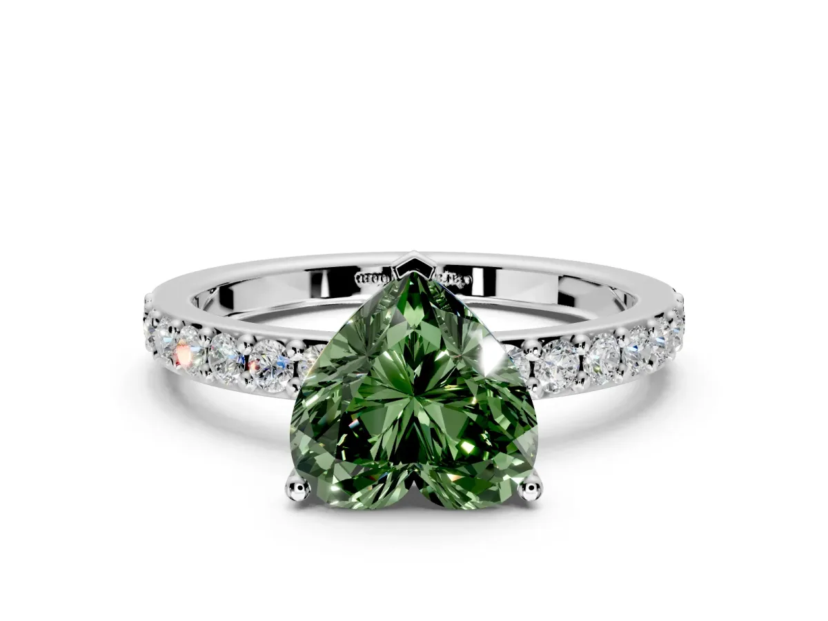 Solitaire Engagement Ring Setting for Fancy Green Heart-Shaped Center with Round Cut Pave Band and Prong Head in White Gold
