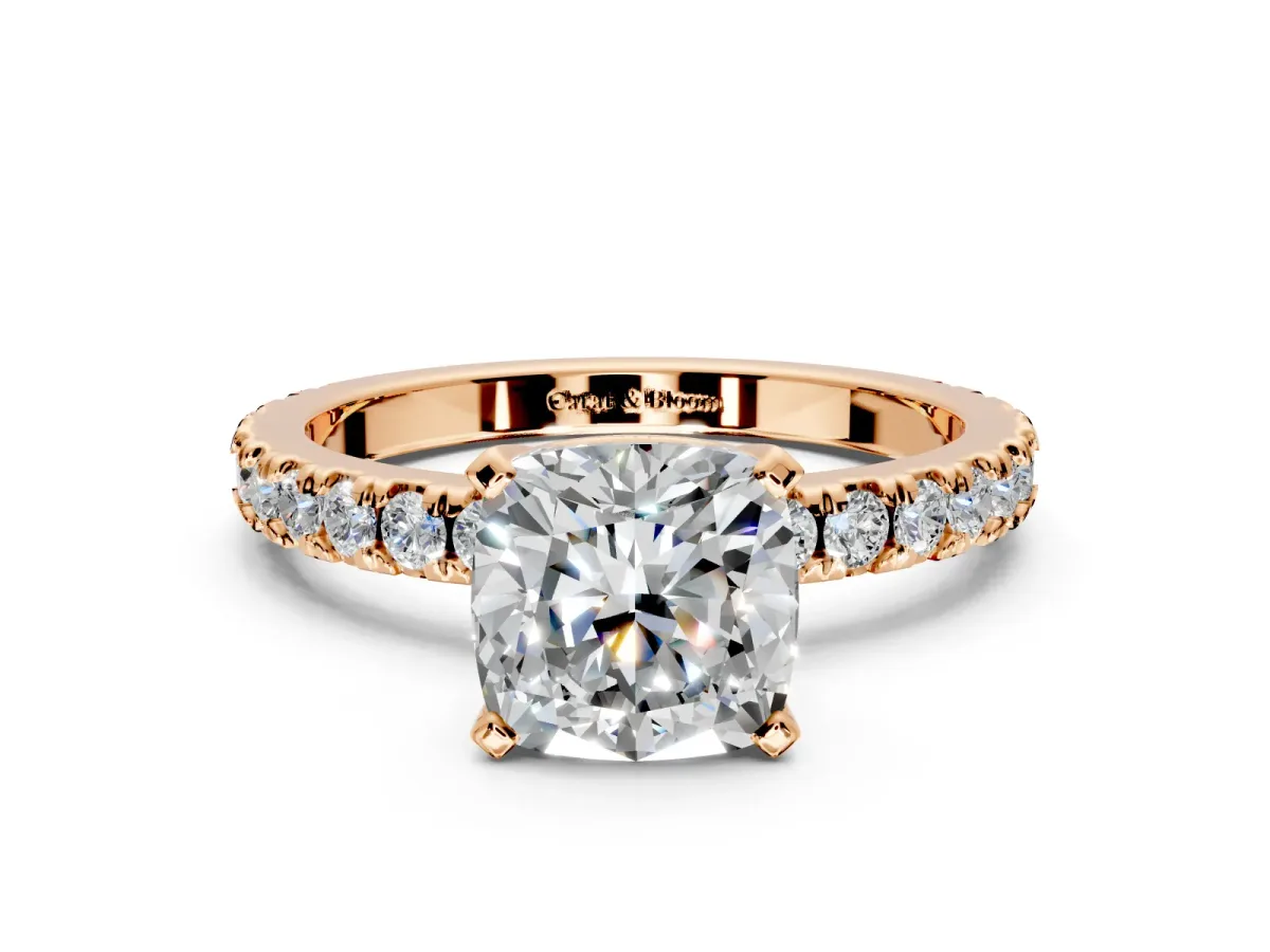 Solitaire Engagement Ring Setting for Cushion Cut Center with Fine Pave Band and Claw Prong Head in Rose Gold