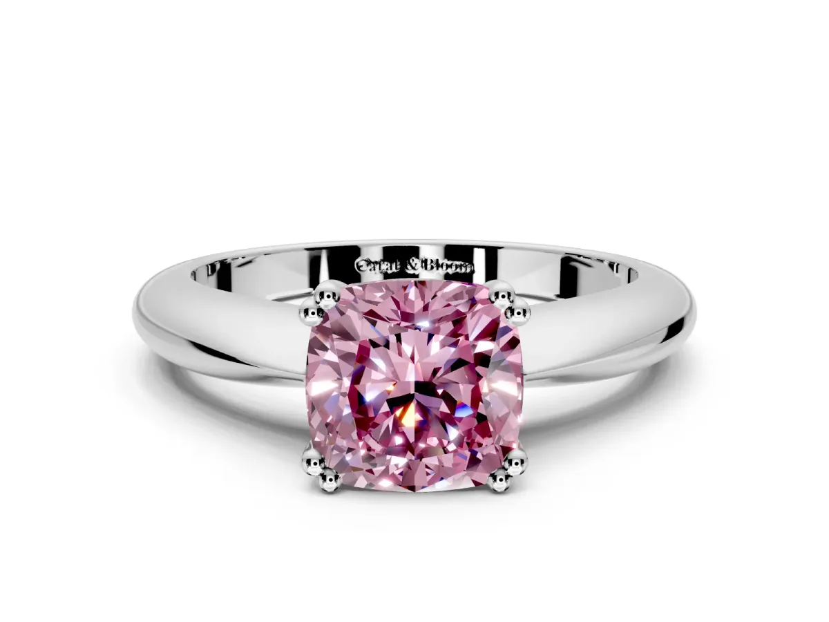 Solitaire Engagement Ring Setting for Fancy Pink Cushion Cut Center with Reverse Tapered Band and Prong Head in Platinum