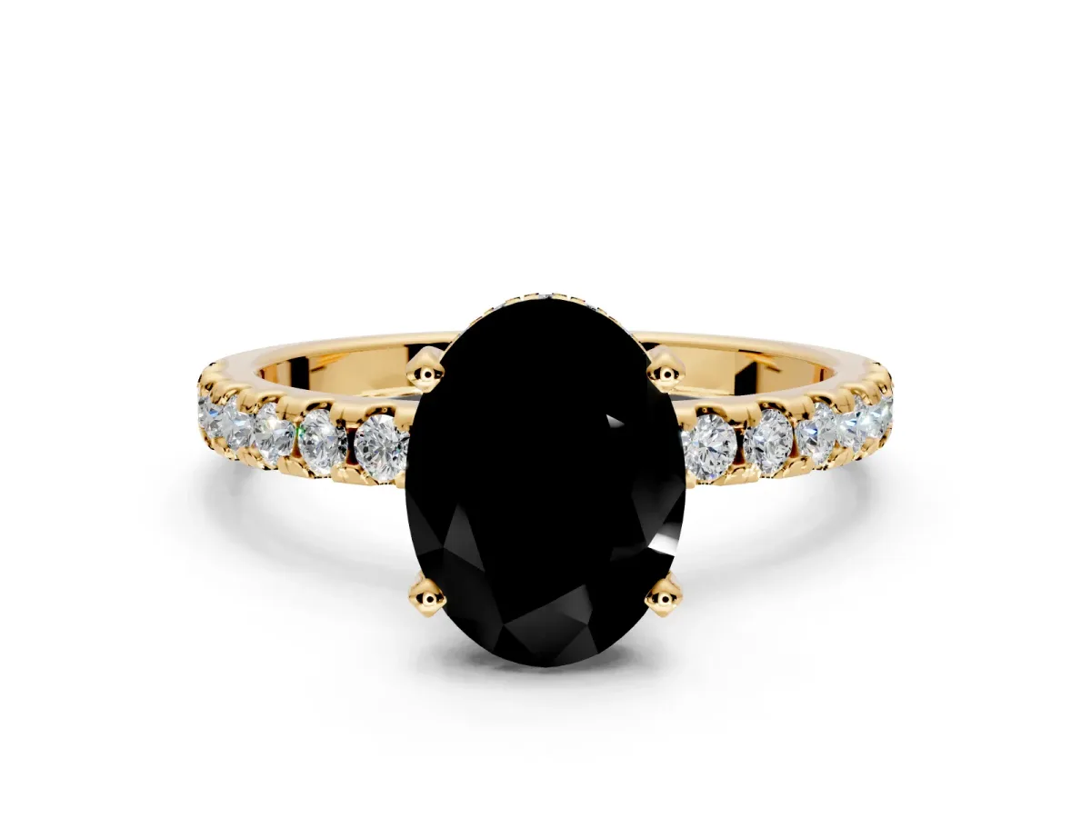 Solitaire Engagement Ring Setting for Fancy Black Oval Center with Band of Accents and Prong Head in Yellow Gold