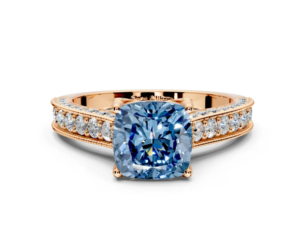 Solitaire Engagement Ring Setting for Fancy Blue Cushion Cut Center with Milgrain-Framed Pave Band and Prong Head in Rose Gold