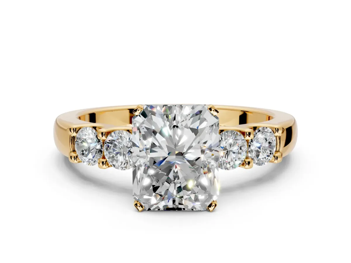 5 Stone Engagement Ring Setting for Radiant Cut Center with Plain Band and Prong Head in Yellow Gold
