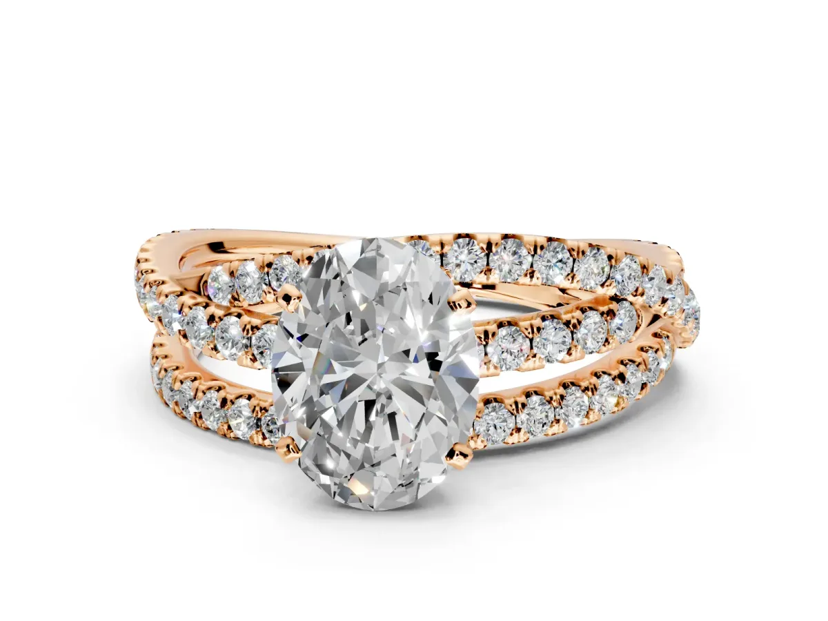 Solitaire Engagement Ring Setting for Oval Center with Woven 3-Strand Pave Band and Prong Head in Rose Gold