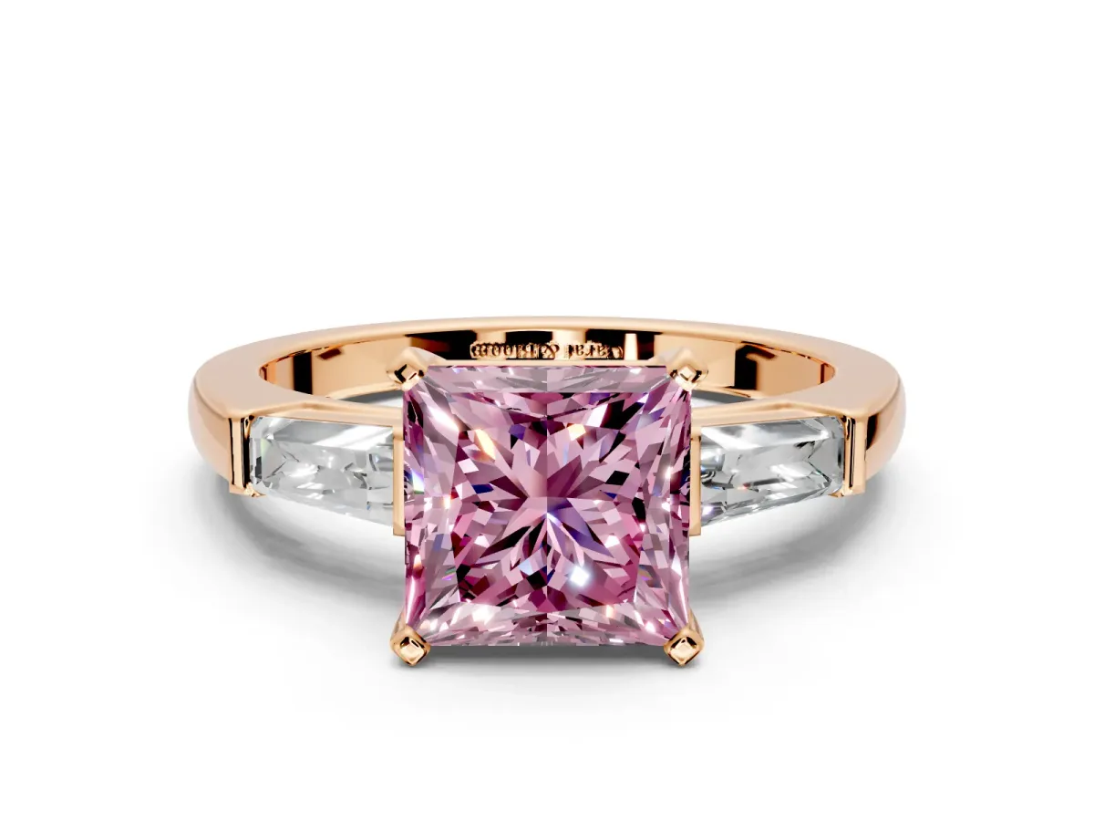 3 Stone Engagement Ring Setting for Fancy Pink Princess Cut Center with Tapered Baguettes, Plain Band and Prong Head in Rose Gold