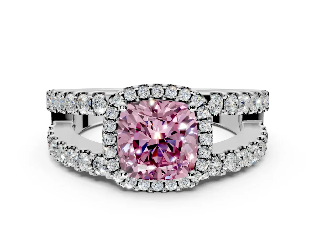 Halo Engagement Ring Setting for Fancy Pink Cushion Cut Center with Wide-Open Pave Split Shank and Prong Head in Platinum