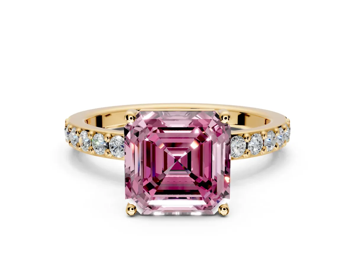 Solitaire Engagement Ring Setting for Fancy Pink Asscher Cut Center with Round Cut Pave Band and Prong Head in Yellow Gold