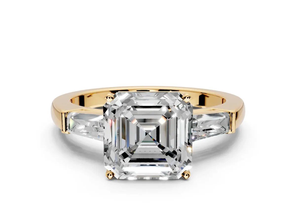 3 Stone Engagement Ring Setting for Asscher Cut Center with Tapered Baguettes, Plain Band and Prong Head in Yellow Gold