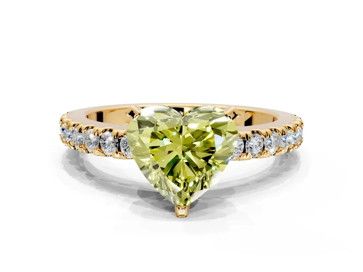 Solitaire Engagement Ring Setting for Fancy Yellow Heart-Shaped Center with Single Row Accent Band and Prong Head in Yellow Gold