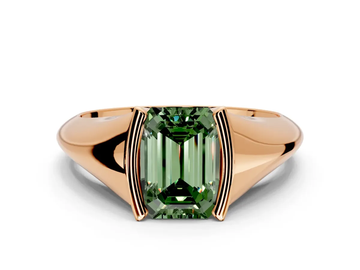 Tension Engagement Ring Setting for Fancy Green Emerald Cut Center with Wide Tapered Band and Tension Head in Rose Gold