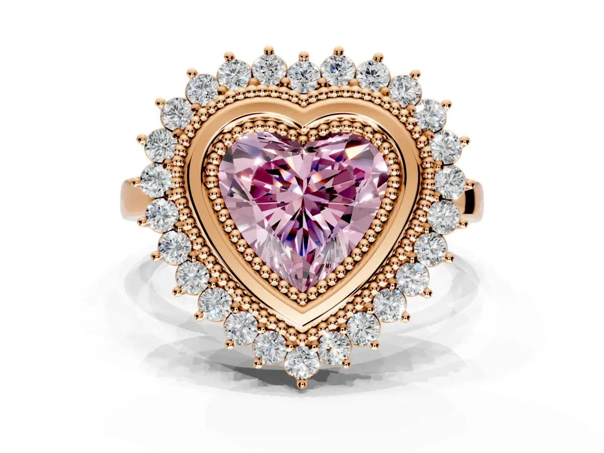 Halo Engagement Ring Setting for Fancy Pink Heart-Shaped Center with Milgrain Bezel Rim, Plain Band and Prong Head in Rose Gold
